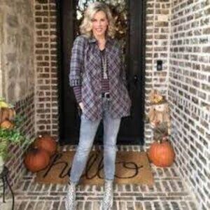 CABI Highland Flannel Shirt Gray/Plum Sz S